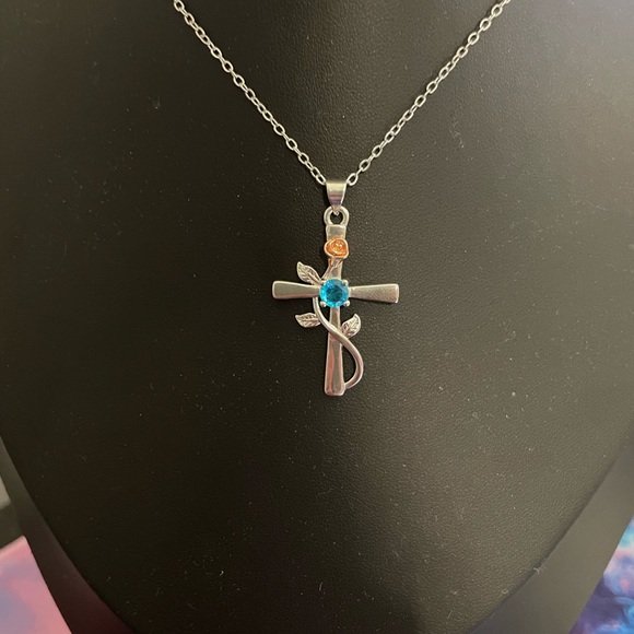 Stylish Silver Necklace with Blue and Gold Cross Pendant - Picture 3 of 7